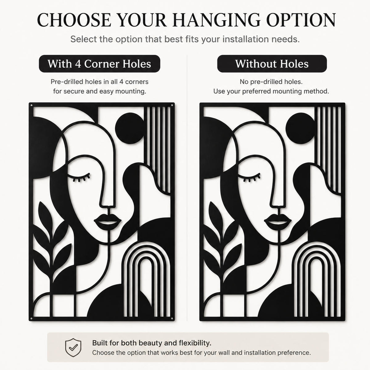 Metal wall art hanging options showing four corner holes and no holes installation choices
