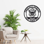 Custom military metal sign featuring eagle and anchor emblem, "Proudly Served" text, and personalized name, rank, and years of service. Laser-cut steel, powder-coated for durability.