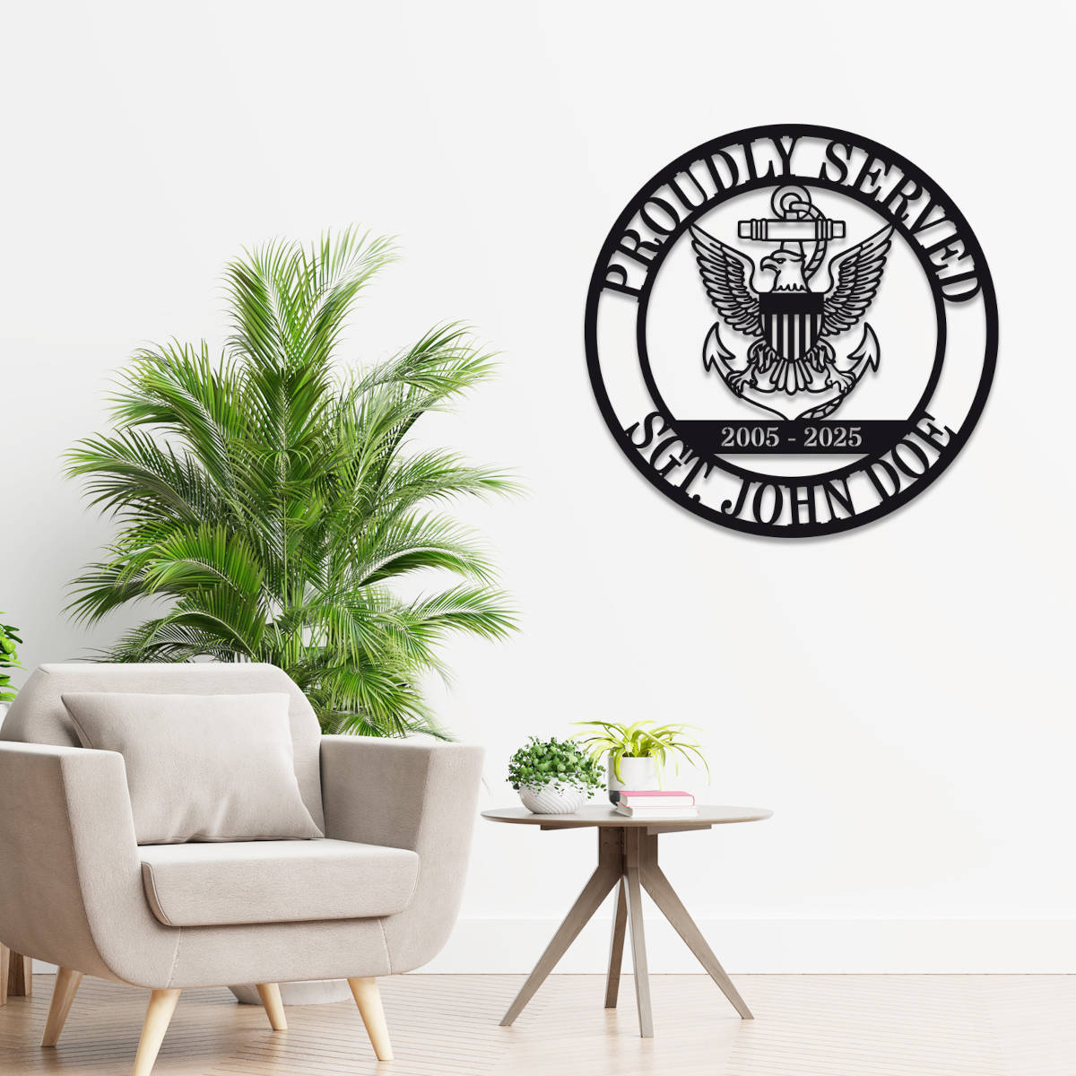 Custom military metal sign featuring eagle and anchor emblem, "Proudly Served" text, and personalized name, rank, and years of service. Laser-cut steel, powder-coated for durability.