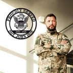 Custom military metal sign featuring eagle and anchor emblem, "Proudly Served" text, and personalized name, rank, and years of service. Laser-cut steel, powder-coated for durability.