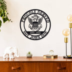 Custom military metal sign featuring eagle and anchor emblem, "Proudly Served" text, and personalized name, rank, and years of service. Laser-cut steel, powder-coated for durability.