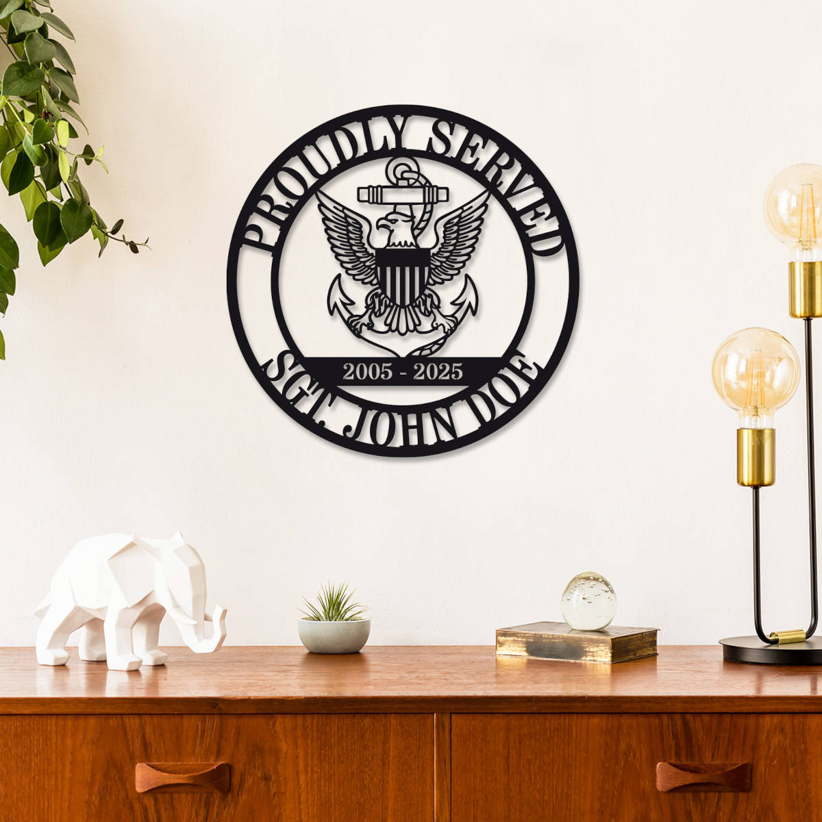 Custom military metal sign featuring eagle and anchor emblem, "Proudly Served" text, and personalized name, rank, and years of service. Laser-cut steel, powder-coated for durability.