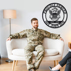Custom military metal sign featuring eagle and anchor emblem, "Proudly Served" text, and personalized name, rank, and years of service. Laser-cut steel, powder-coated for durability.