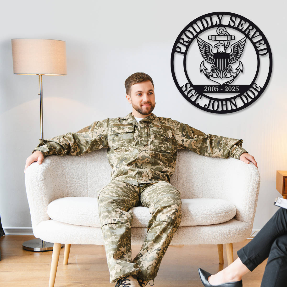 Custom military metal sign featuring eagle and anchor emblem, "Proudly Served" text, and personalized name, rank, and years of service. Laser-cut steel, powder-coated for durability.