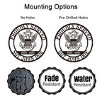 Custom military metal sign featuring eagle and anchor emblem, "Proudly Served" text, and personalized name, rank, and years of service. Laser-cut steel, powder-coated for durability.