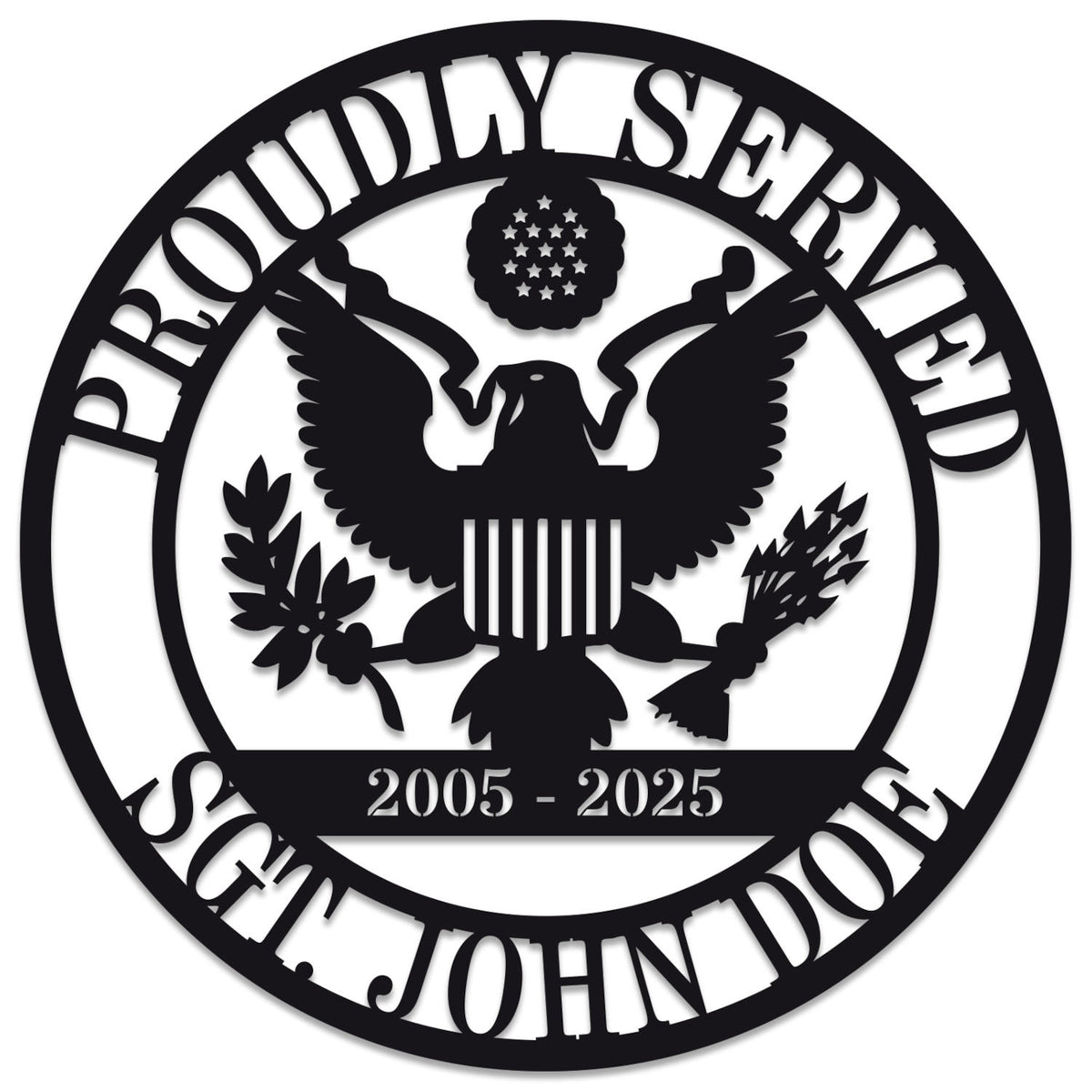 Custom Proudly Served military steel plaque with eagle emblem and personalized name and service years, laser-cut and powder-coated Main image