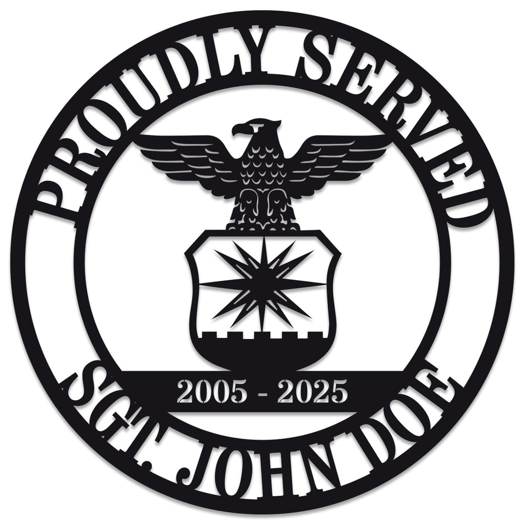 Personalized military metal sign featuring eagle emblem and custom name, rank, and service years, laser cut from steel with powder-coated finish