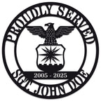 Personalized military metal sign featuring eagle emblem and custom name, rank, and service years, laser cut from steel with powder-coated finish