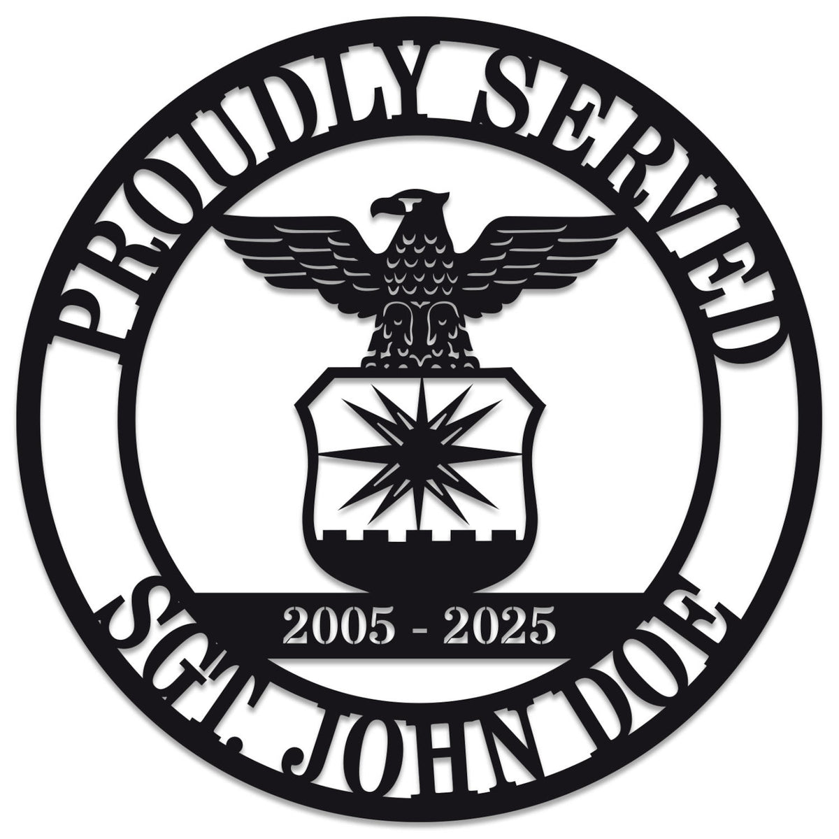 Personalized military metal sign featuring eagle emblem and custom name, rank, and service years, laser cut from steel with powder-coated finish