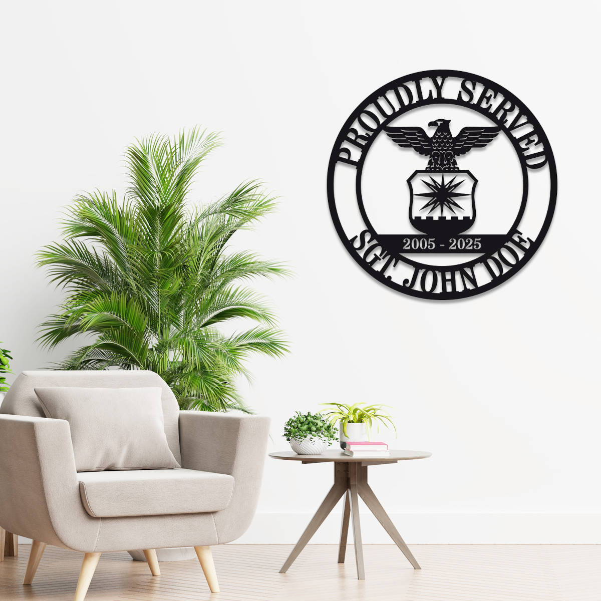 Personalized military metal sign featuring eagle emblem and custom name, rank, and service years, laser cut from steel with powder-coated finish