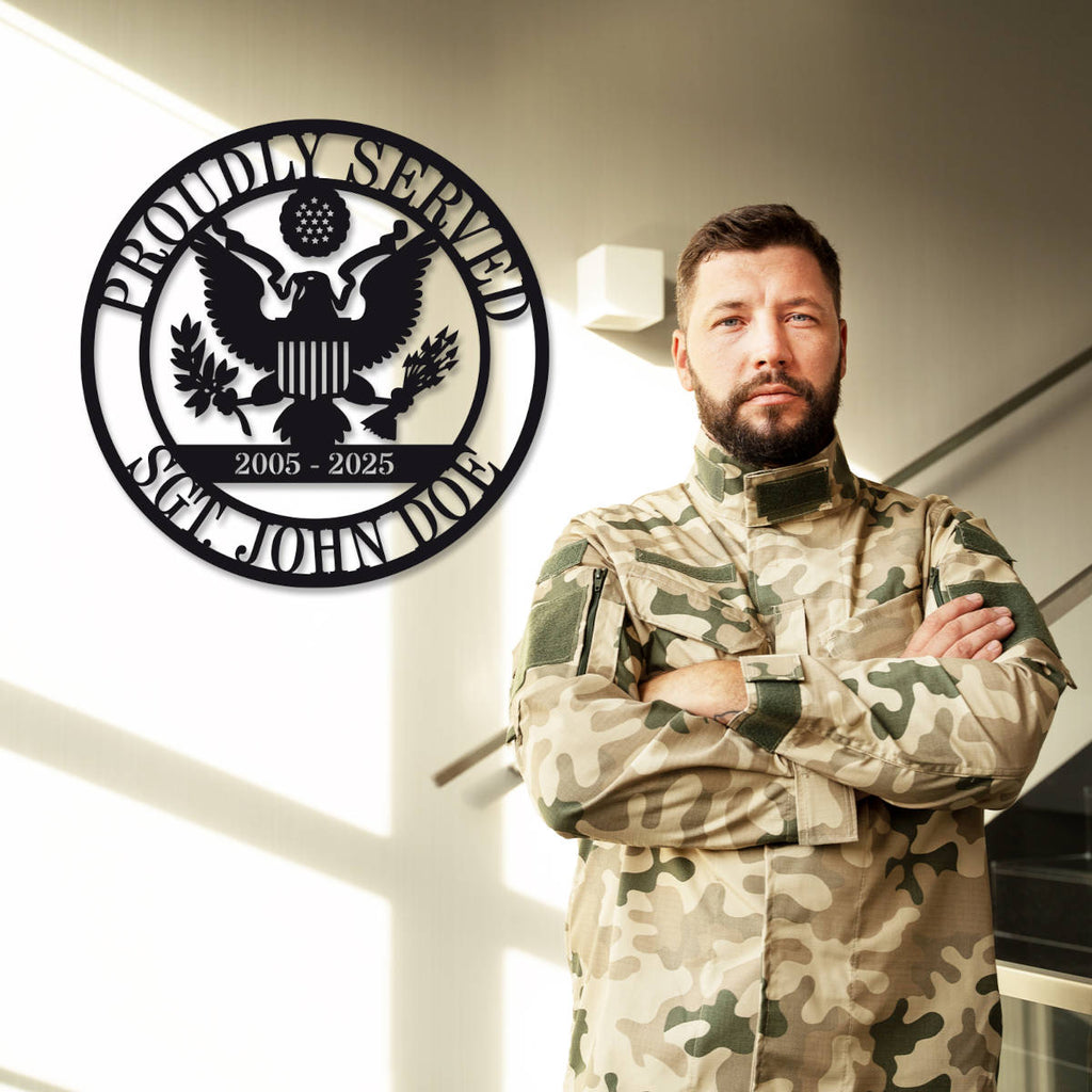 Custom Proudly Served military steel plaque with eagle emblem and personalized name and service years, laser-cut and powder-coated