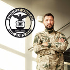 Personalized military metal sign featuring eagle emblem and custom name, rank, and service years, laser cut from steel with powder-coated finish