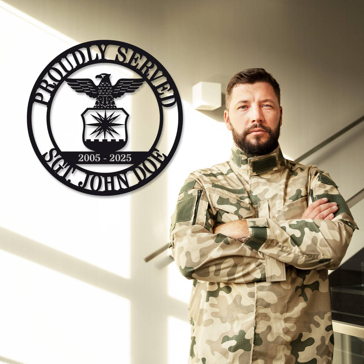 Personalized military metal sign featuring eagle emblem and custom name, rank, and service years, laser cut from steel with powder-coated finish