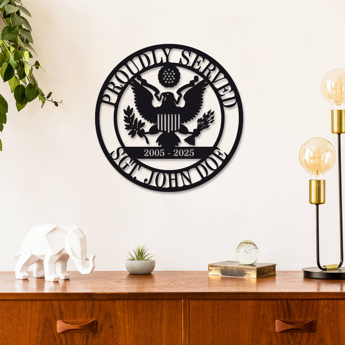 Custom Proudly Served military steel plaque with eagle emblem and personalized name and service years, laser-cut and powder-coated