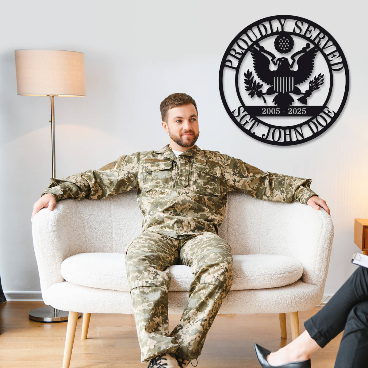Custom Proudly Served military steel plaque with eagle emblem and personalized name and service years, laser-cut and powder-coated