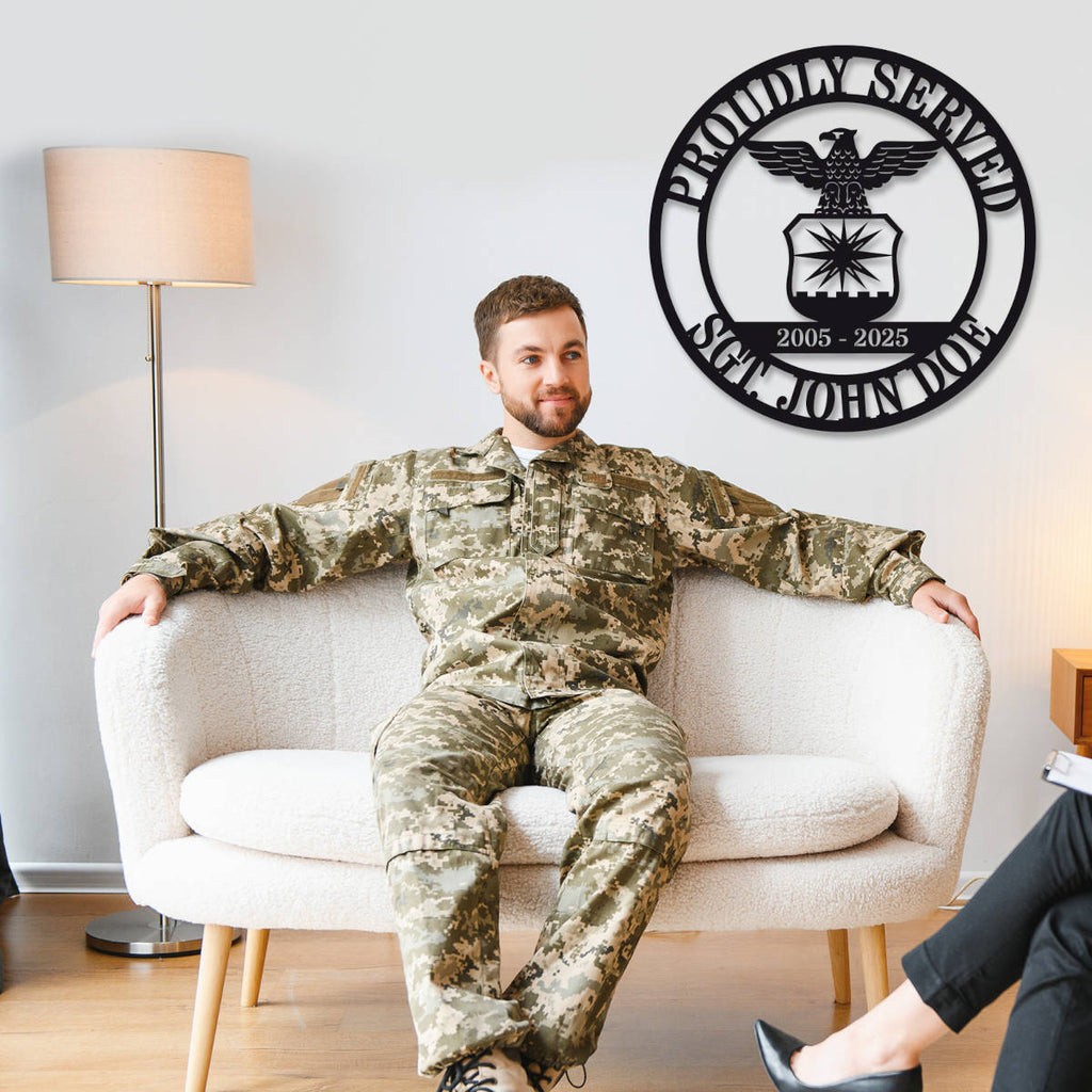 Personalized military metal sign featuring eagle emblem and custom name, rank, and service years, laser cut from steel with powder-coated finish