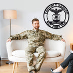 Personalized military metal sign featuring eagle emblem and custom name, rank, and service years, laser cut from steel with powder-coated finish
