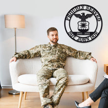 Personalized military metal sign featuring eagle emblem and custom name, rank, and service years, laser cut from steel with powder-coated finish