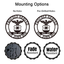 Personalized military metal sign featuring eagle emblem and custom name, rank, and service years, laser cut from steel with powder-coated finish