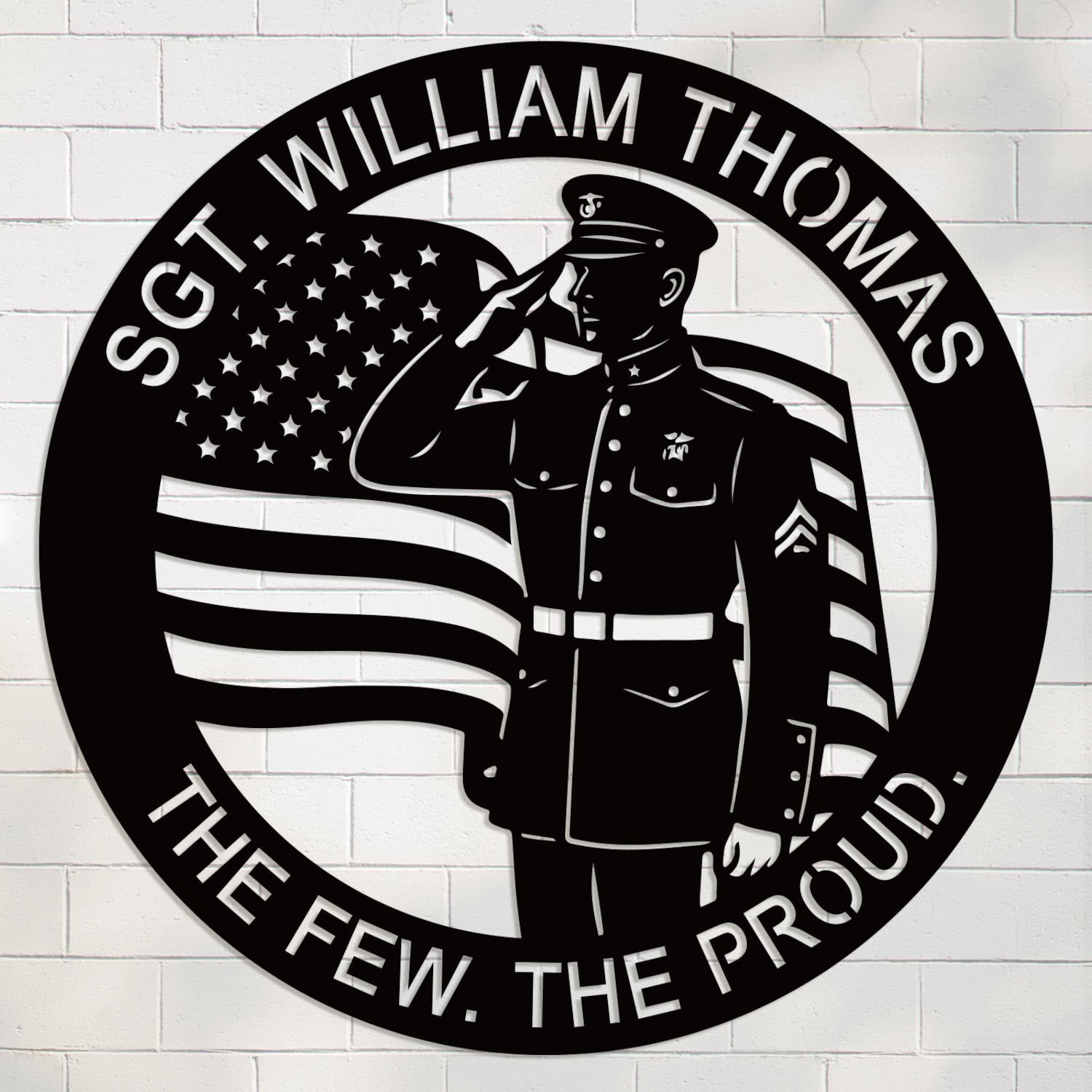 Custom military tribute metal sign with saluting Marine and American flag design, personalized veteran wall plaque made from powder-coated steel. Main image