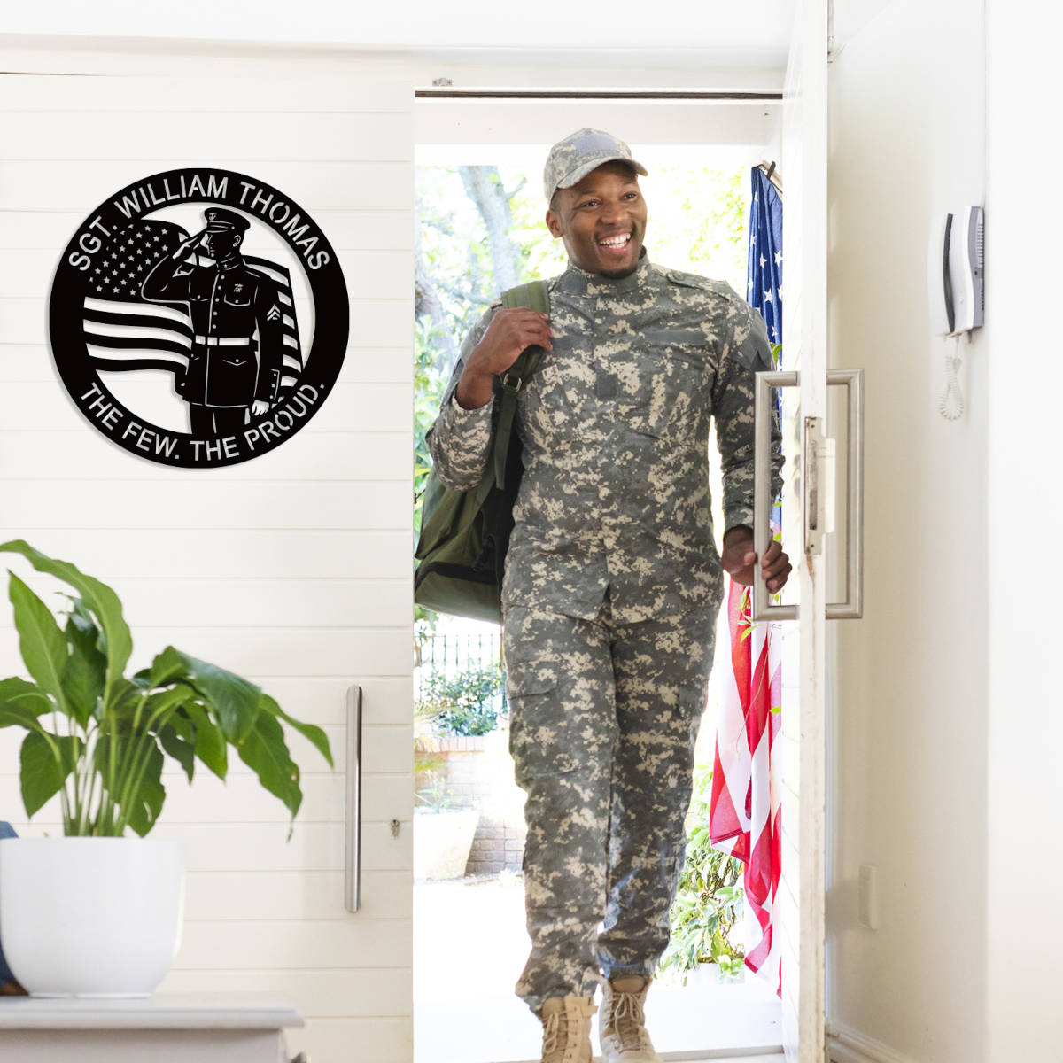 Custom military tribute metal sign with saluting Marine and American flag design, personalized veteran wall plaque made from powder-coated steel.