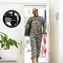 Custom military tribute metal sign with saluting Marine and American flag design, personalized veteran wall plaque made from powder-coated steel.