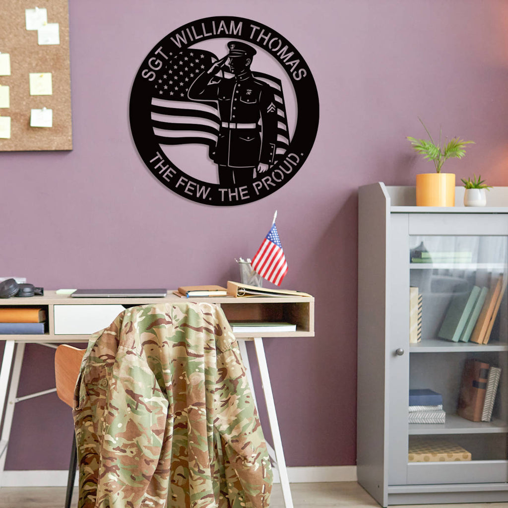 Custom military tribute metal sign with saluting Marine and American flag design, personalized veteran wall plaque made from powder-coated steel.