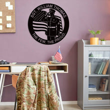 Custom military tribute metal sign with saluting Marine and American flag design, personalized veteran wall plaque made from powder-coated steel.