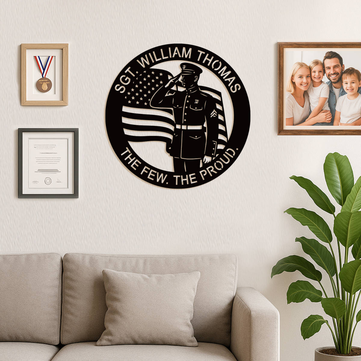 Custom military tribute metal sign with saluting Marine and American flag design, personalized veteran wall plaque made from powder-coated steel.