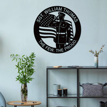 Custom military tribute metal sign with saluting Marine and American flag design, personalized veteran wall plaque made from powder-coated steel.