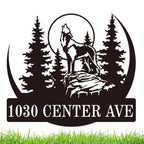 Custom laser-cut metal sign with howling wolf, pine forest, and personalized address  in durable powder-coated steel for outdoor use.