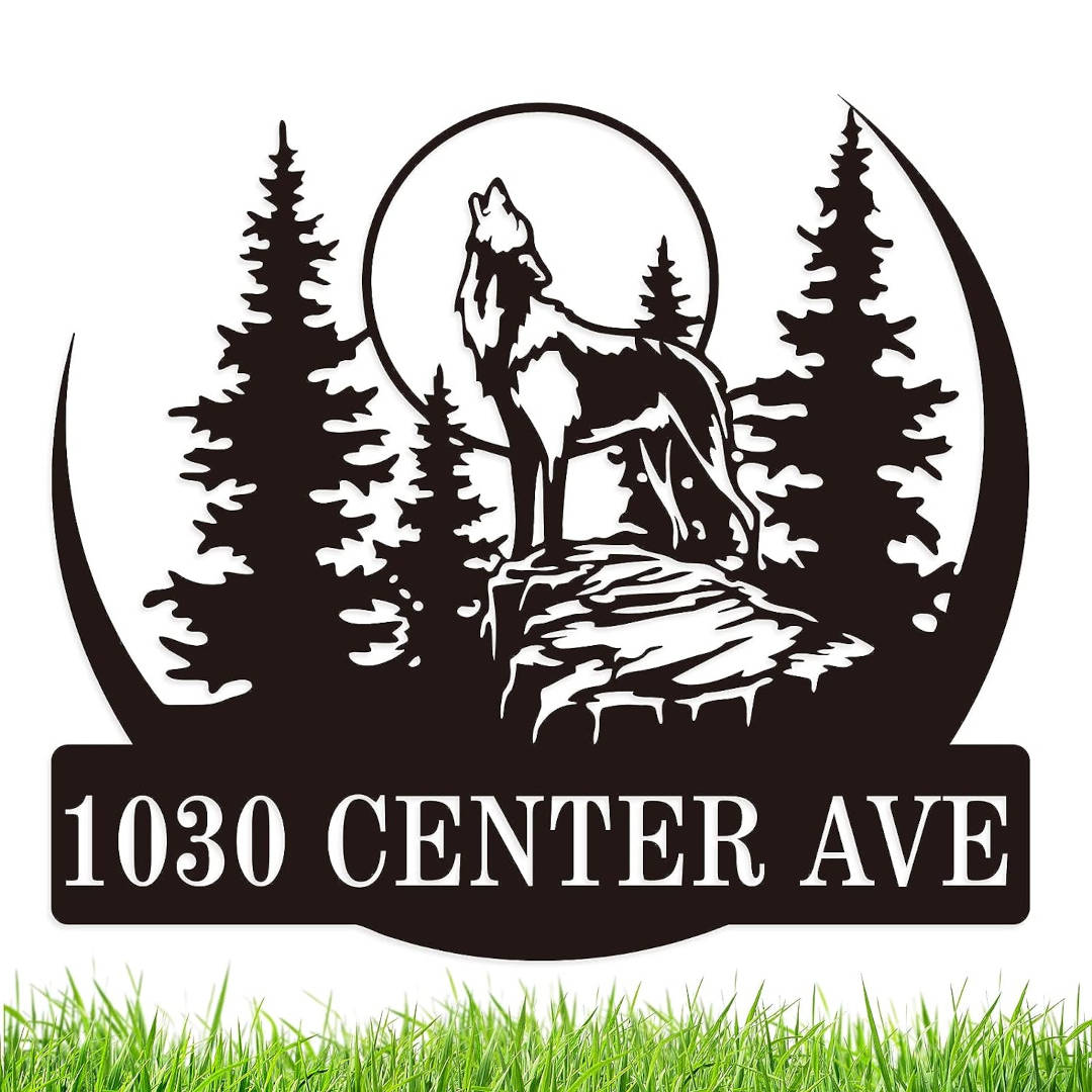 Custom laser-cut metal sign with howling wolf, pine forest, and personalized address  in durable powder-coated steel for outdoor use.
