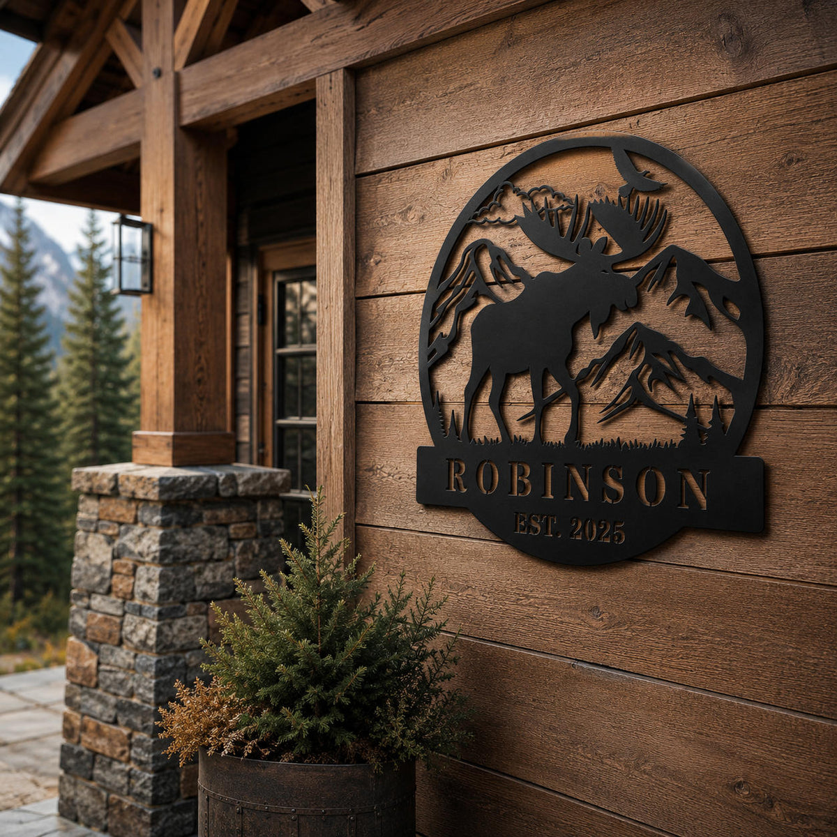 Custom moose metal cabin sign with family name mounted on rustic wooden lodge wall