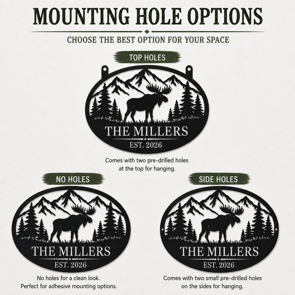 Mounting hole options for a personalized moose family metal sign.