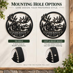Mounting hole options for the personalized moose metal sign, comparing no-hole and left-and-right-hole styles.