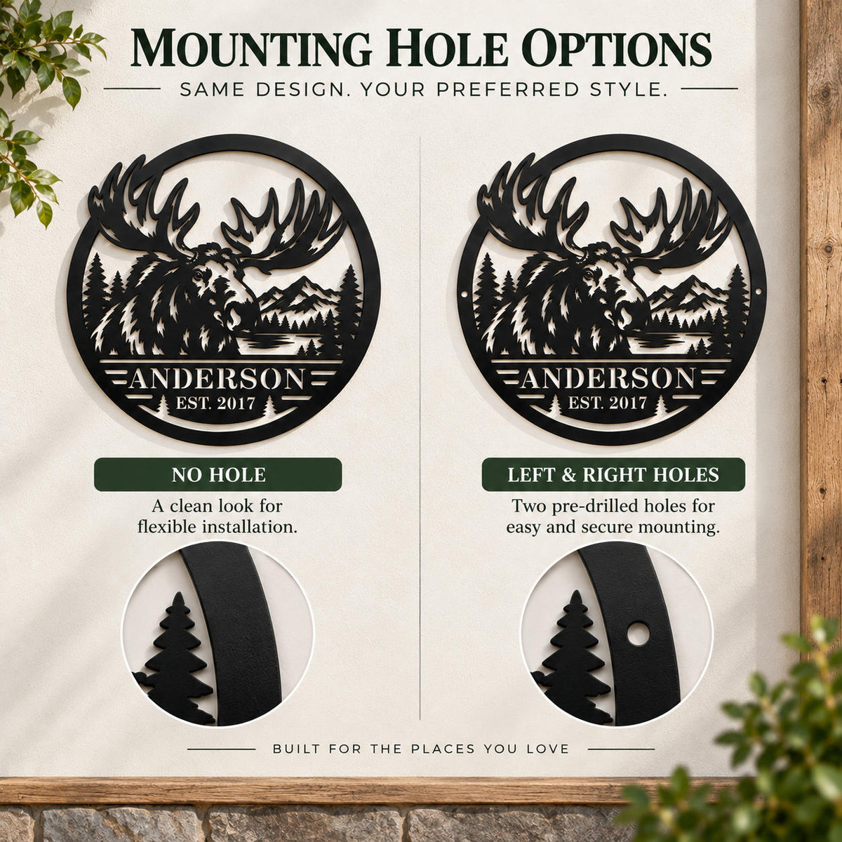 Mounting hole options for the personalized moose metal sign, comparing no-hole and left-and-right-hole styles.