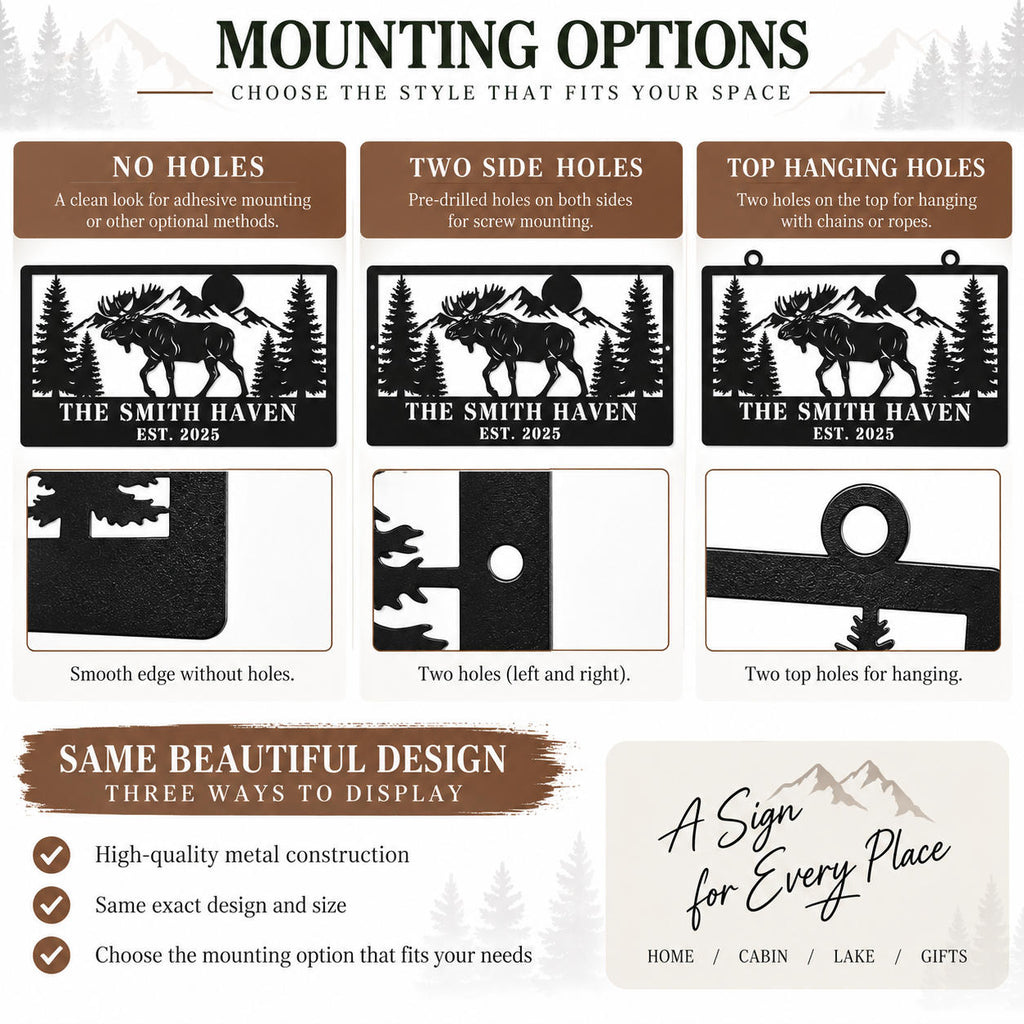 Comparison of no-hole, two-side-hole and top-hanging mounting options for the personalized moose metal sign.