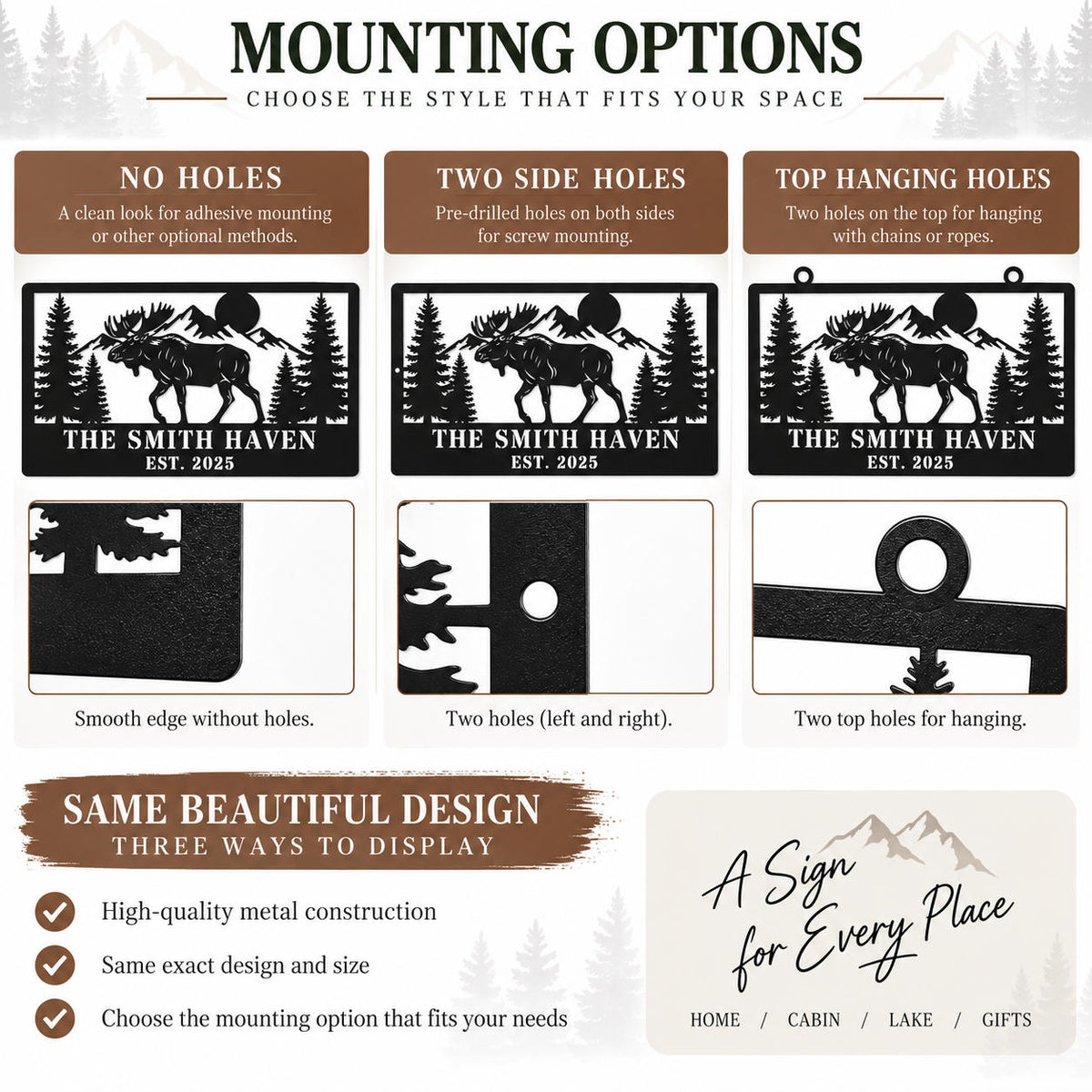 Comparison of no-hole, two-side-hole and top-hanging mounting options for the personalized moose metal sign.