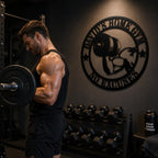 Personalized motivational home gym metal sign inspiring strength training during a workout.