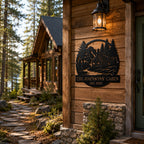 Personalized family cabin sign displayed beside a cozy wooden cabin porch, creating a warm and welcoming rustic outdoor entrance.