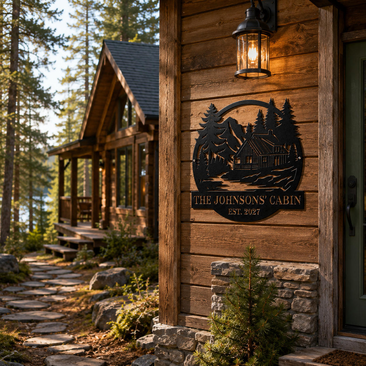Personalized family cabin sign displayed beside a cozy wooden cabin porch, creating a warm and welcoming rustic outdoor entrance.