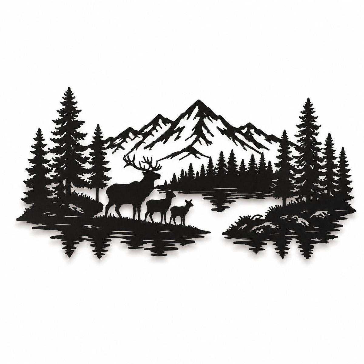 Black metal mountain wall art featuring deer, pine trees, snowy peaks, and lake reflections. Main image