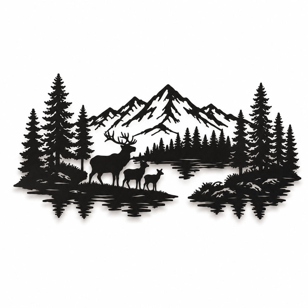Black metal mountain wall art featuring deer, pine trees, snowy peaks, and lake reflections.
