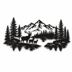 Black metal mountain wall art featuring deer, pine trees, snowy peaks, and lake reflections.
