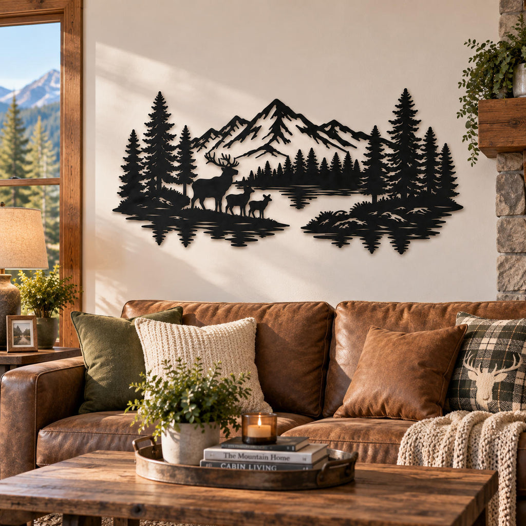 Black metal mountain and deer wall art displayed above a leather sofa in a rustic cabin living room.