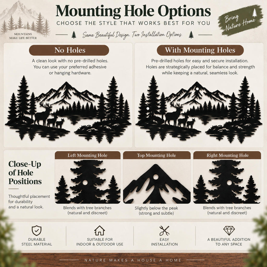 Mountain deer metal wall art showing no-hole and three-hole mounting options for installation.