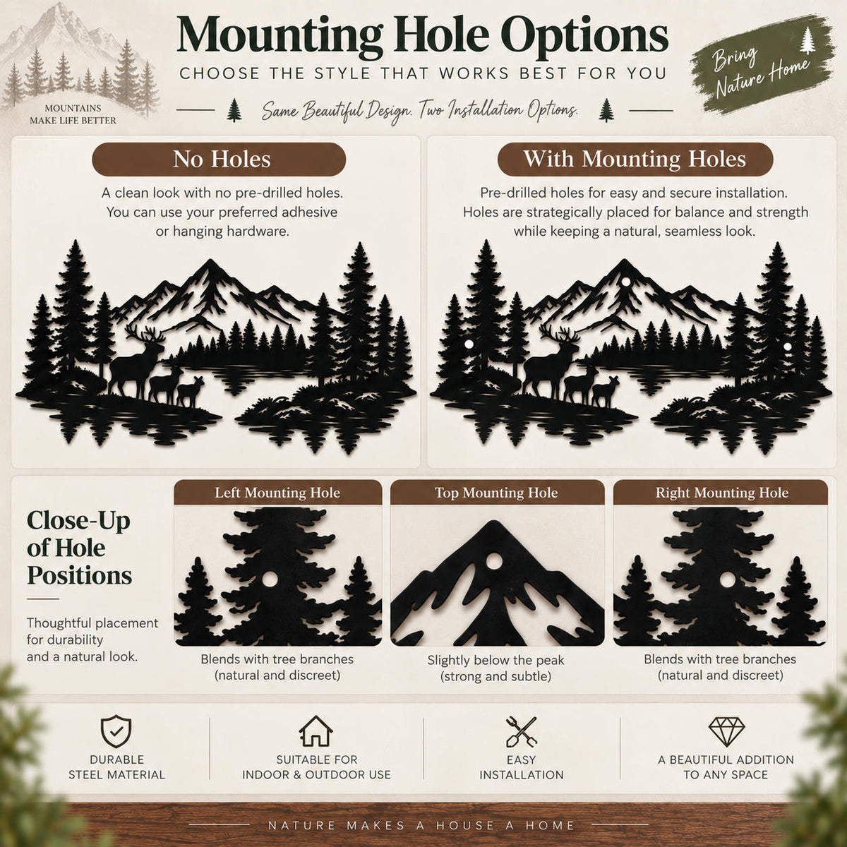Mountain deer metal wall art showing no-hole and three-hole mounting options for installation.