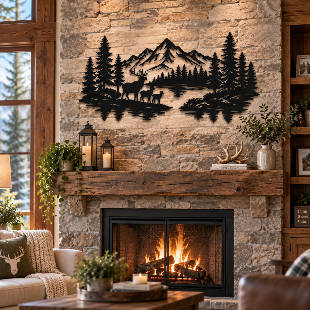 Black metal mountain and deer wall art displayed above a stone fireplace in a cozy rustic cabin.