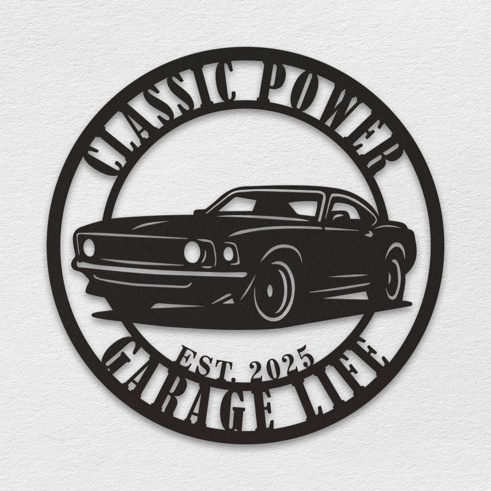 Personalized muscle car metal sign with classic car silhouette and customizable text, laser cut from steel and powder coated for garage or man cave use. Main image