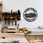 Personalized muscle car metal sign with classic car silhouette and customizable text, laser cut from steel and powder coated for garage or man cave use.